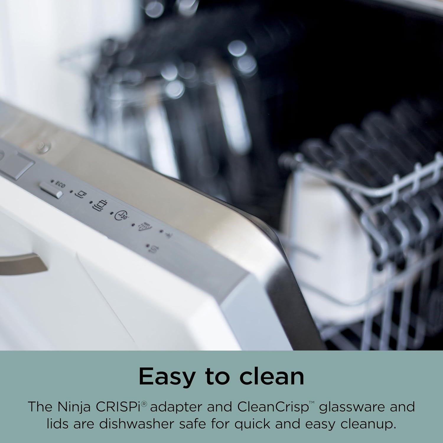 image:imageNinja Crispi Glass Air Fryer 4in1 Mint FN101MT Max crisp bake air fry recrisp 450F max 4 Qt and 6 Cup containers PFASfree glass