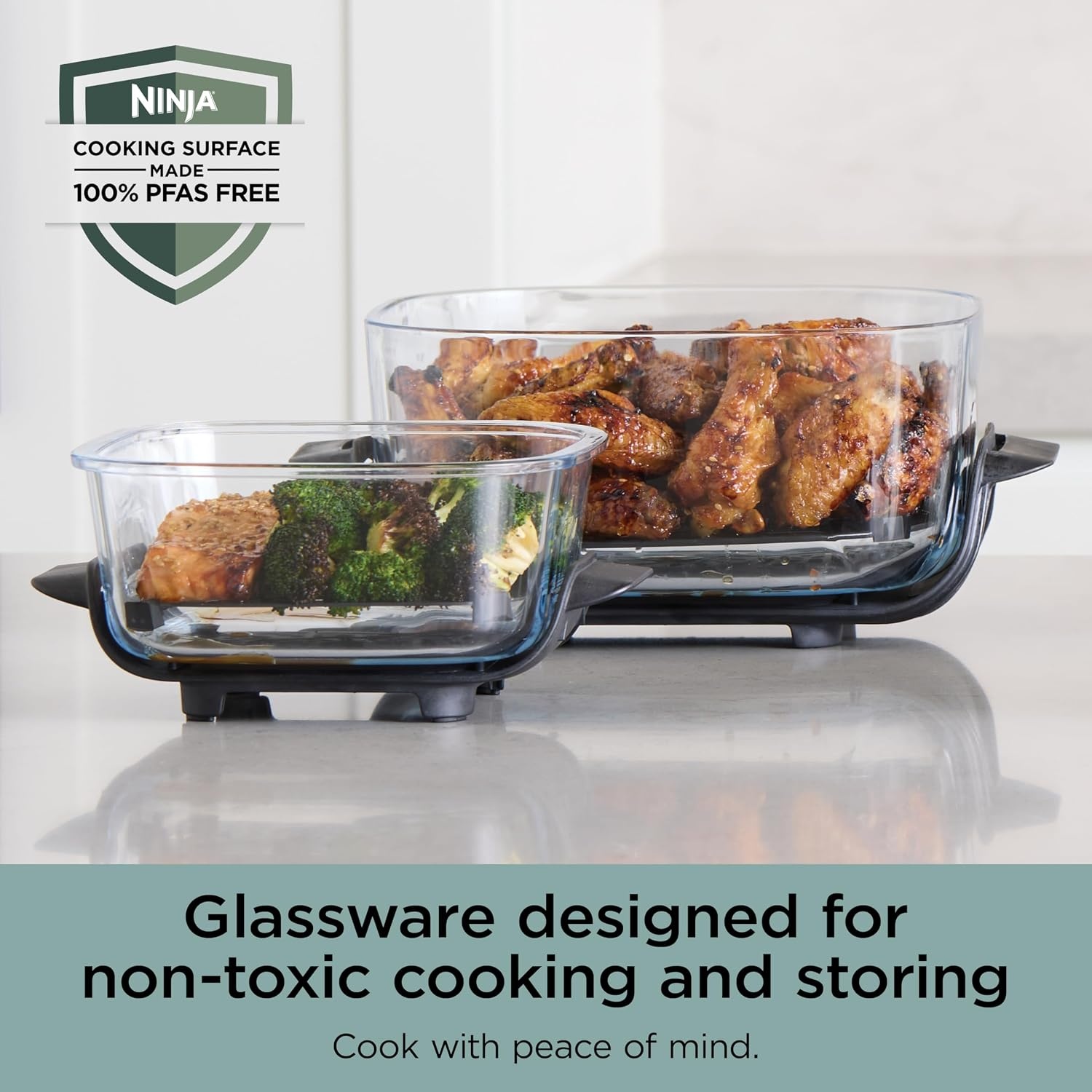 image:imageNinja Crispi Glass Air Fryer 4in1 Mint FN101MT Max crisp bake air fry recrisp 450F max 4 Qt and 6 Cup containers PFASfree glass