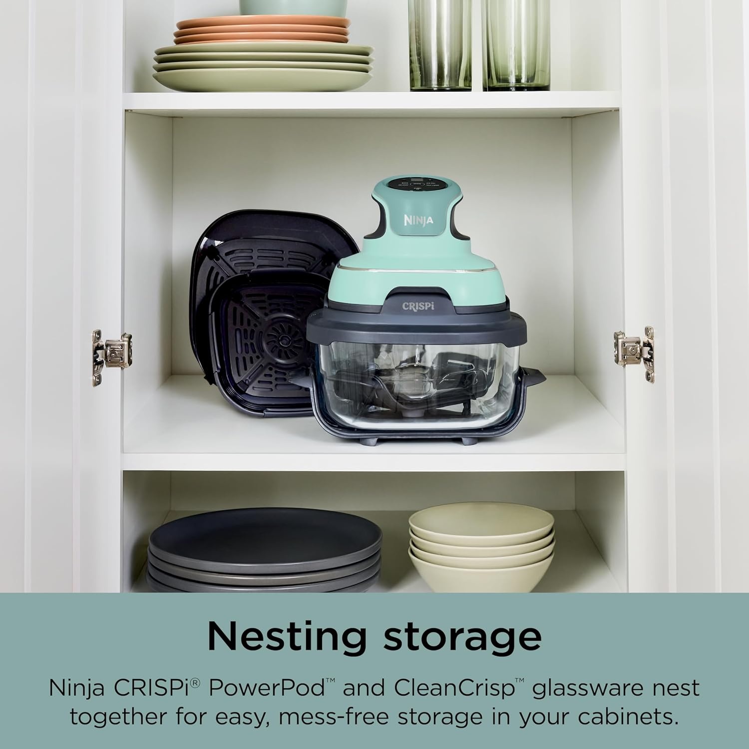 image:imageNinja Crispi Glass Air Fryer 4in1 Mint FN101MT Max crisp bake air fry recrisp 450F max 4 Qt and 6 Cup containers PFASfree glass