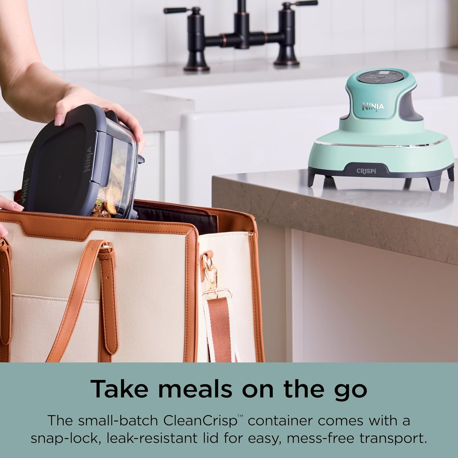 image:imageNinja Crispi Glass Air Fryer 4in1 Mint FN101MT Max crisp bake air fry recrisp 450F max 4 Qt and 6 Cup containers PFASfree glass