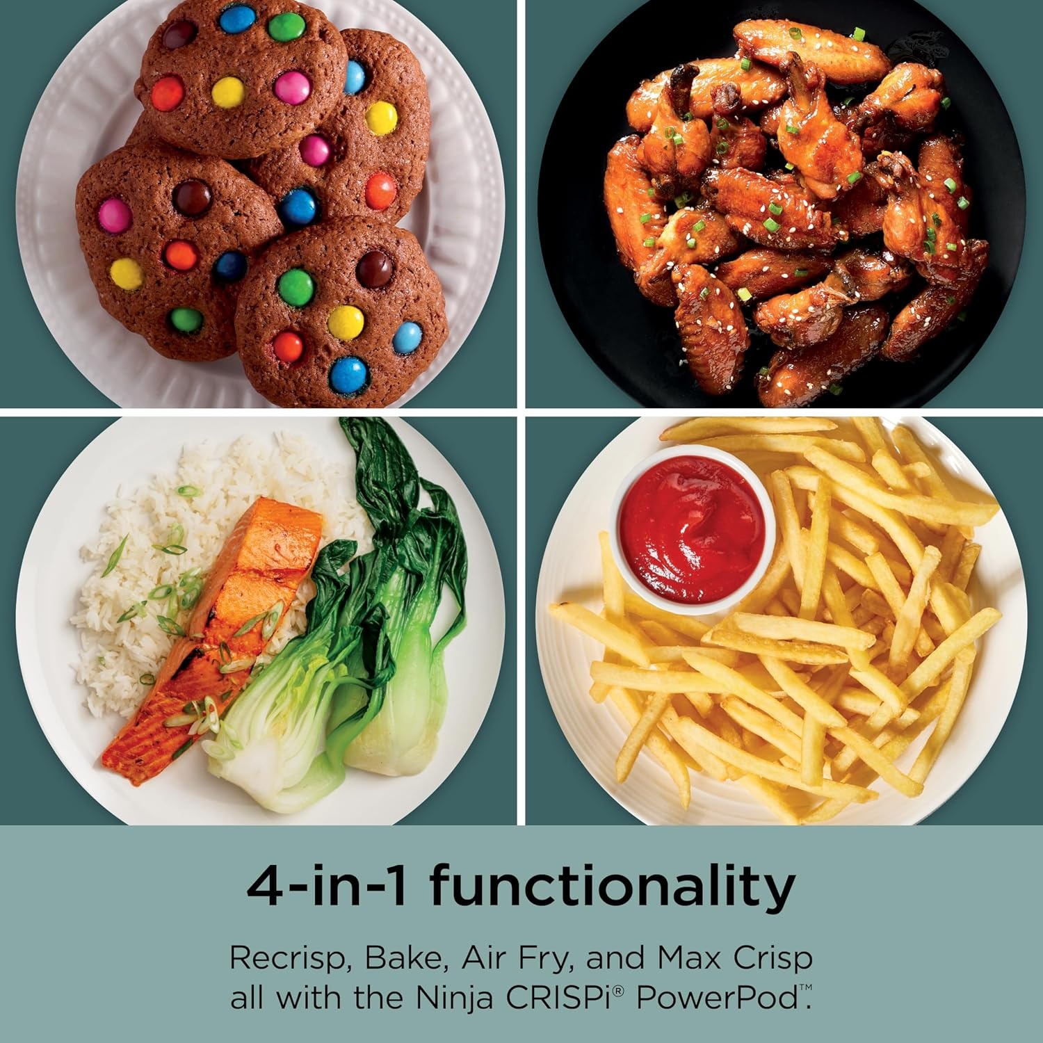 image:imageNinja Crispi Glass Air Fryer 4in1 Mint FN101MT Max crisp bake air fry recrisp 450F max 4 Qt and 6 Cup containers PFASfree glass