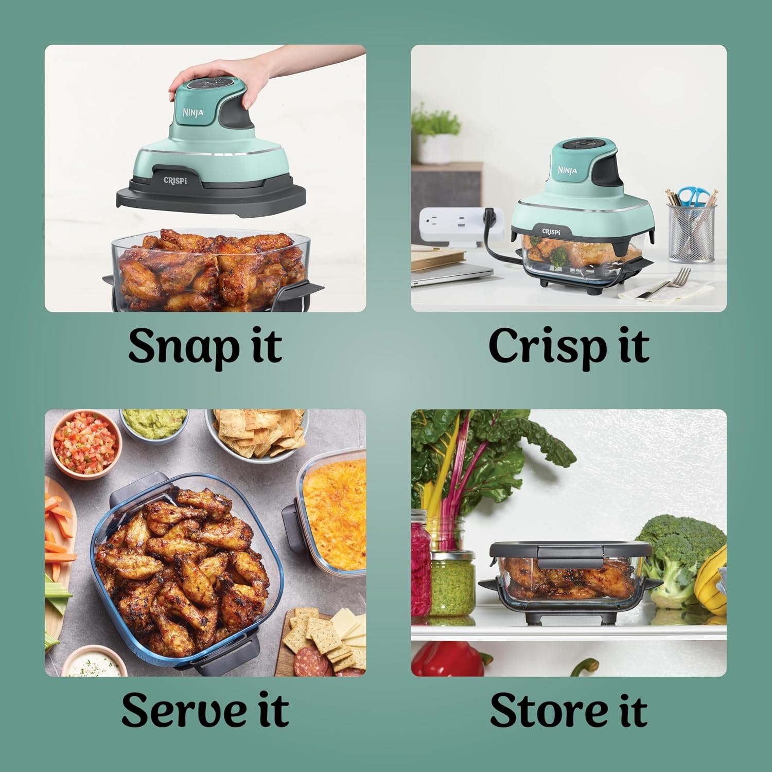 image:imageNinja Crispi Glass Air Fryer 4in1 Mint FN101MT Max crisp bake air fry recrisp 450F max 4 Qt and 6 Cup containers PFASfree glass