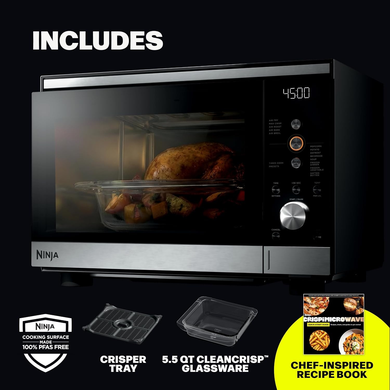 image:imageNinja Crispi Microwave amp Air Fryer with FusionCrisp Silver MW101 Replaces a countertop microwave and air fryer with 14 functions Fast 1000W microwave and powerful 1700W Ninja air fryerBlack