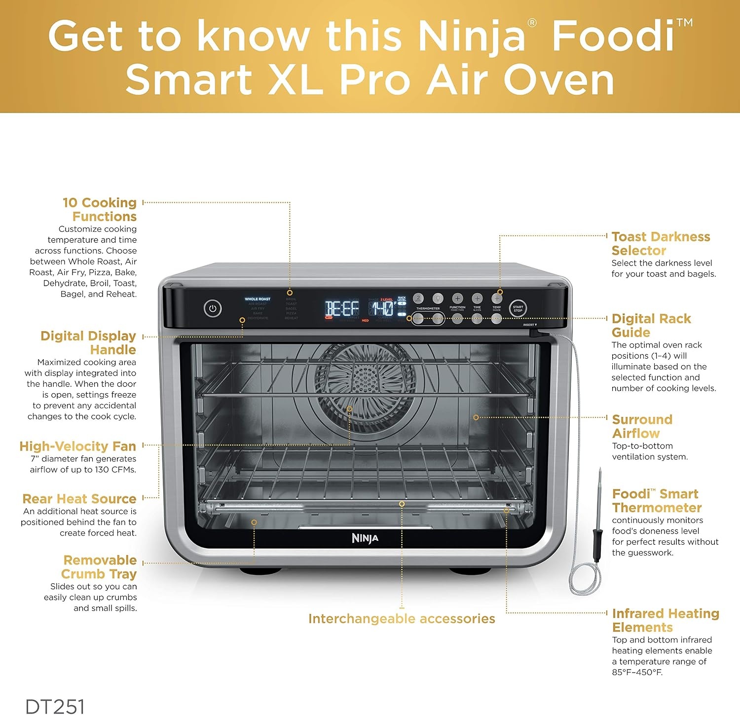 image:imageNinja DCT451 12in1 Smart Double Oven with FlexDoor Thermometer FlavorSeal Smart Finish Rapid Top Convection and Air Fry Bottom Stainless Steel Smart Cook thermometer FlavorSeal Smart Finish Air fry bake broil roast pizza10in1