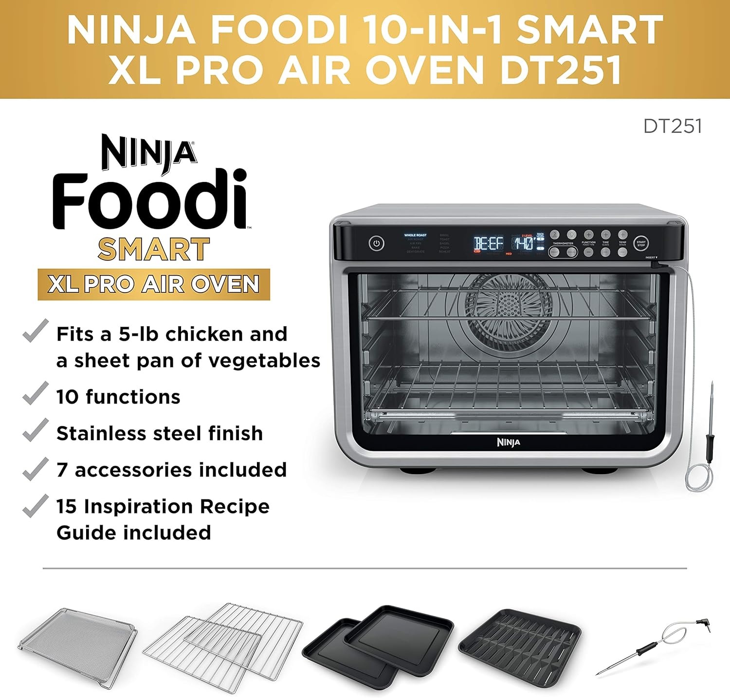 image:imageNinja DCT451 12in1 Smart Double Oven with FlexDoor Thermometer FlavorSeal Smart Finish Rapid Top Convection and Air Fry Bottom Stainless Steel Smart Cook thermometer FlavorSeal Smart Finish Air fry bake broil roast pizza10in1