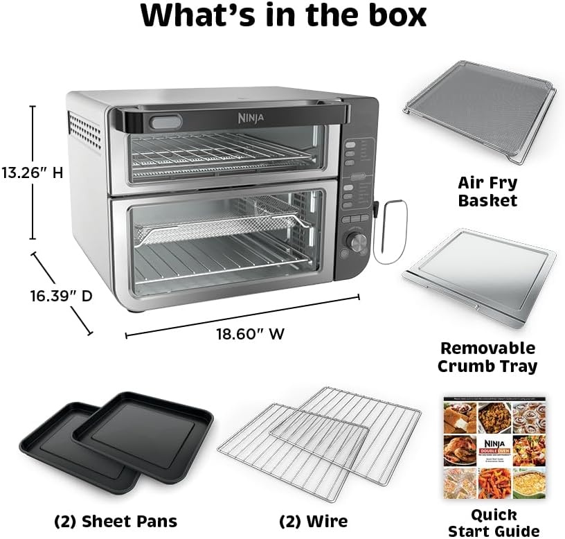 image:imageNinja DCT451 12in1 Smart Double Oven with FlexDoor Thermometer FlavorSeal Smart Finish Rapid Top Convection and Air Fry Bottom Stainless Steel Smart Cook thermometer FlavorSeal Smart Finish Air fry bake broil roast pizza12in1 w Flexdoor