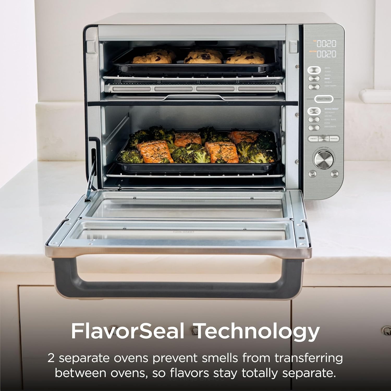 image:imageNinja DCT451 12in1 Smart Double Oven with FlexDoor Thermometer FlavorSeal Smart Finish Rapid Top Convection and Air Fry Bottom Stainless Steel Smart Cook thermometer FlavorSeal Smart Finish Air fry bake broil roast pizza12in1 Prestige