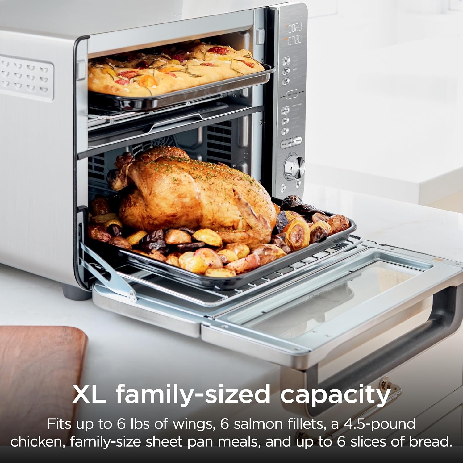 image:imageNinja DCT451 12in1 Smart Double Oven with FlexDoor Thermometer FlavorSeal Smart Finish Rapid Top Convection and Air Fry Bottom Stainless Steel Smart Cook thermometer FlavorSeal Smart Finish Air fry bake broil roast pizza12in1 Prestige