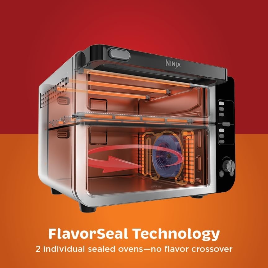 image:imageNinja DCT451 12in1 Smart Double Oven with FlexDoor Thermometer FlavorSeal Smart Finish Rapid Top Convection and Air Fry Bottom Stainless Steel Smart Cook thermometer FlavorSeal Smart Finish Air fry bake broil roast pizza12in1 w Flexdoor