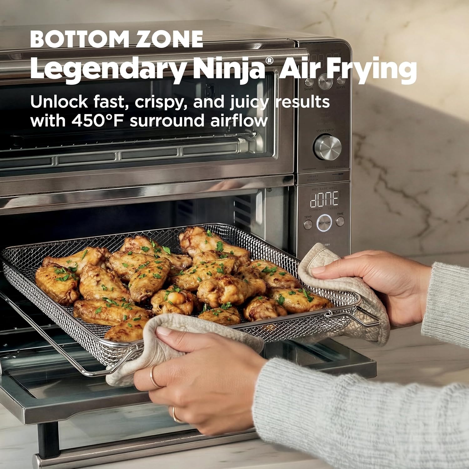 image:imageNinja DCT451 12in1 Smart Double Oven with FlexDoor Thermometer FlavorSeal Smart Finish Rapid Top Convection and Air Fry Bottom Stainless Steel Smart Cook thermometer FlavorSeal Smart Finish Air fry bake broil roast pizzaDouble Oven with Thermometer