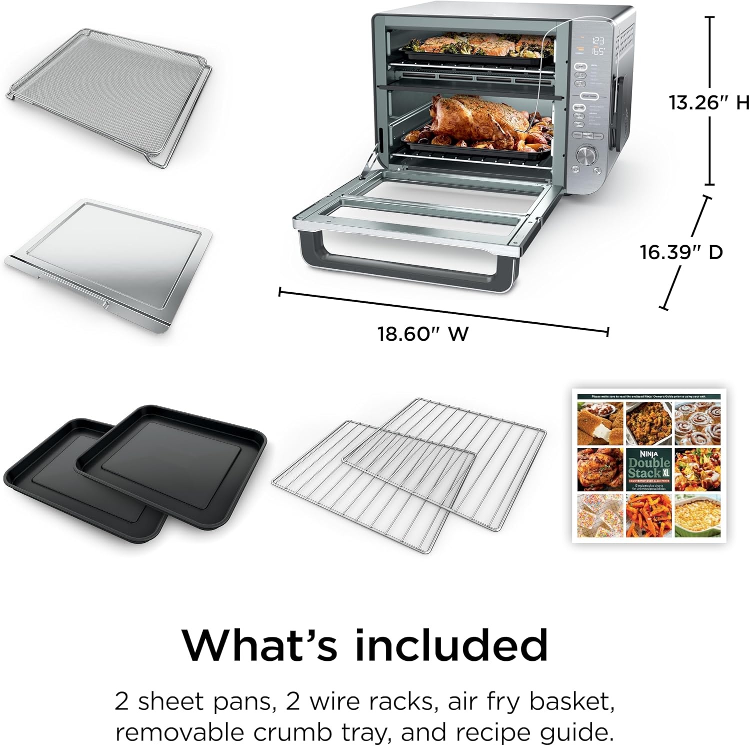 image:imageNinja DCT451 12in1 Smart Double Oven with FlexDoor Thermometer FlavorSeal Smart Finish Rapid Top Convection and Air Fry Bottom Stainless Steel Smart Cook thermometer FlavorSeal Smart Finish Air fry bake broil roast pizza12in1 Prestige