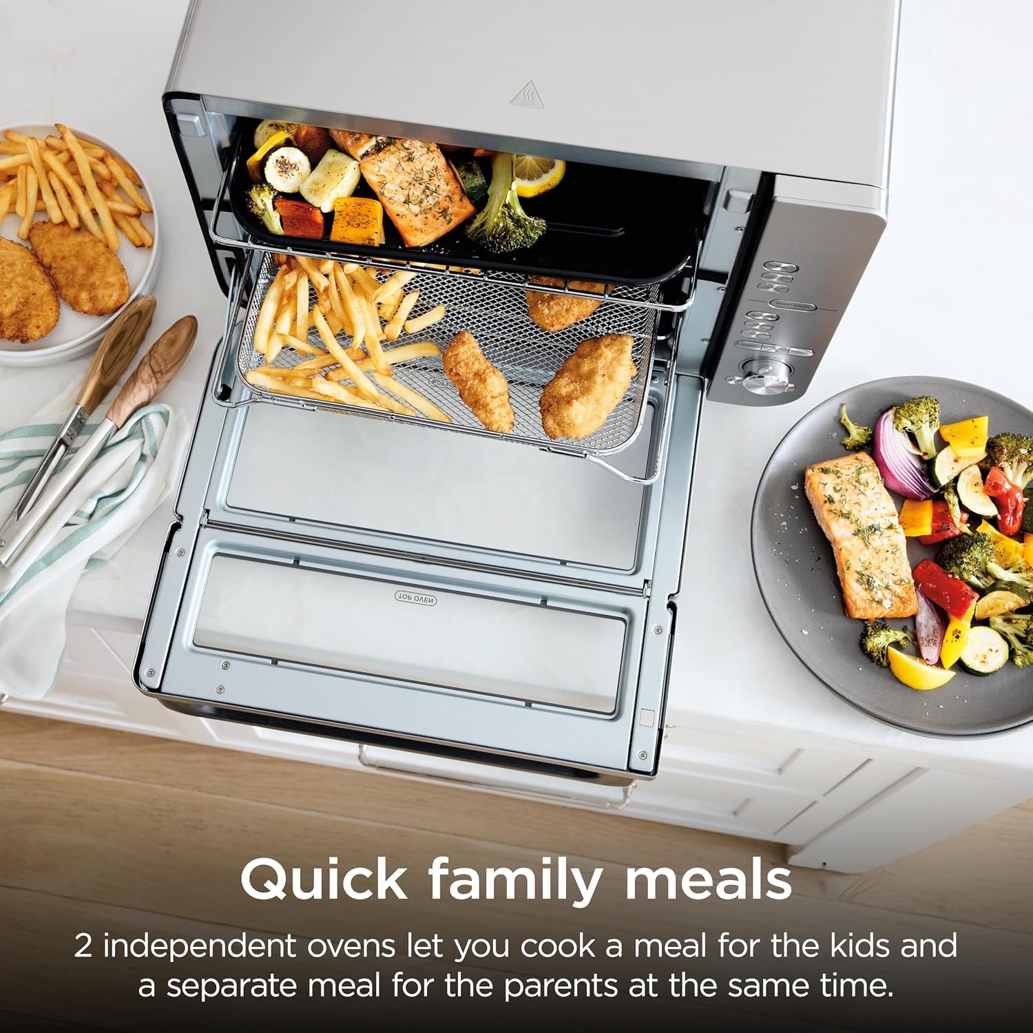 image:imageNinja DCT451 12in1 Smart Double Oven with FlexDoor Thermometer FlavorSeal Smart Finish Rapid Top Convection and Air Fry Bottom Stainless Steel Smart Cook thermometer FlavorSeal Smart Finish Air fry bake broil roast pizza12in1 Prestige