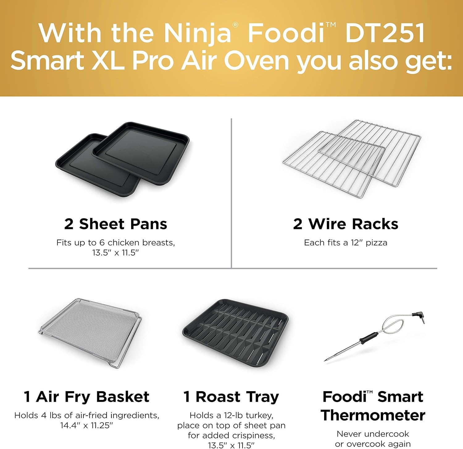 image:imageNinja DCT451 12in1 Smart Double Oven with FlexDoor Thermometer FlavorSeal Smart Finish Rapid Top Convection and Air Fry Bottom Stainless Steel Smart Cook thermometer FlavorSeal Smart Finish Air fry bake broil roast pizza10in1