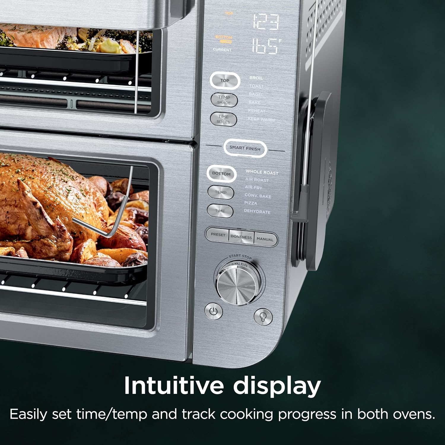 image:imageNinja DCT451 12in1 Smart Double Oven with FlexDoor Thermometer FlavorSeal Smart Finish Rapid Top Convection and Air Fry Bottom Stainless Steel Smart Cook thermometer FlavorSeal Smart Finish Air fry bake broil roast pizza12in1 Prestige