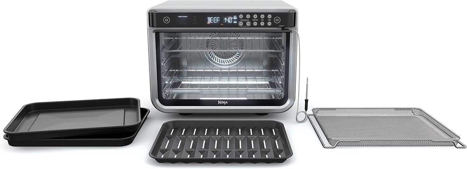 image:imageNinja DCT451 12in1 Smart Double Oven with FlexDoor Thermometer FlavorSeal Smart Finish Rapid Top Convection and Air Fry Bottom Stainless Steel Smart Cook thermometer FlavorSeal Smart Finish Air fry bake broil roast pizza10in1