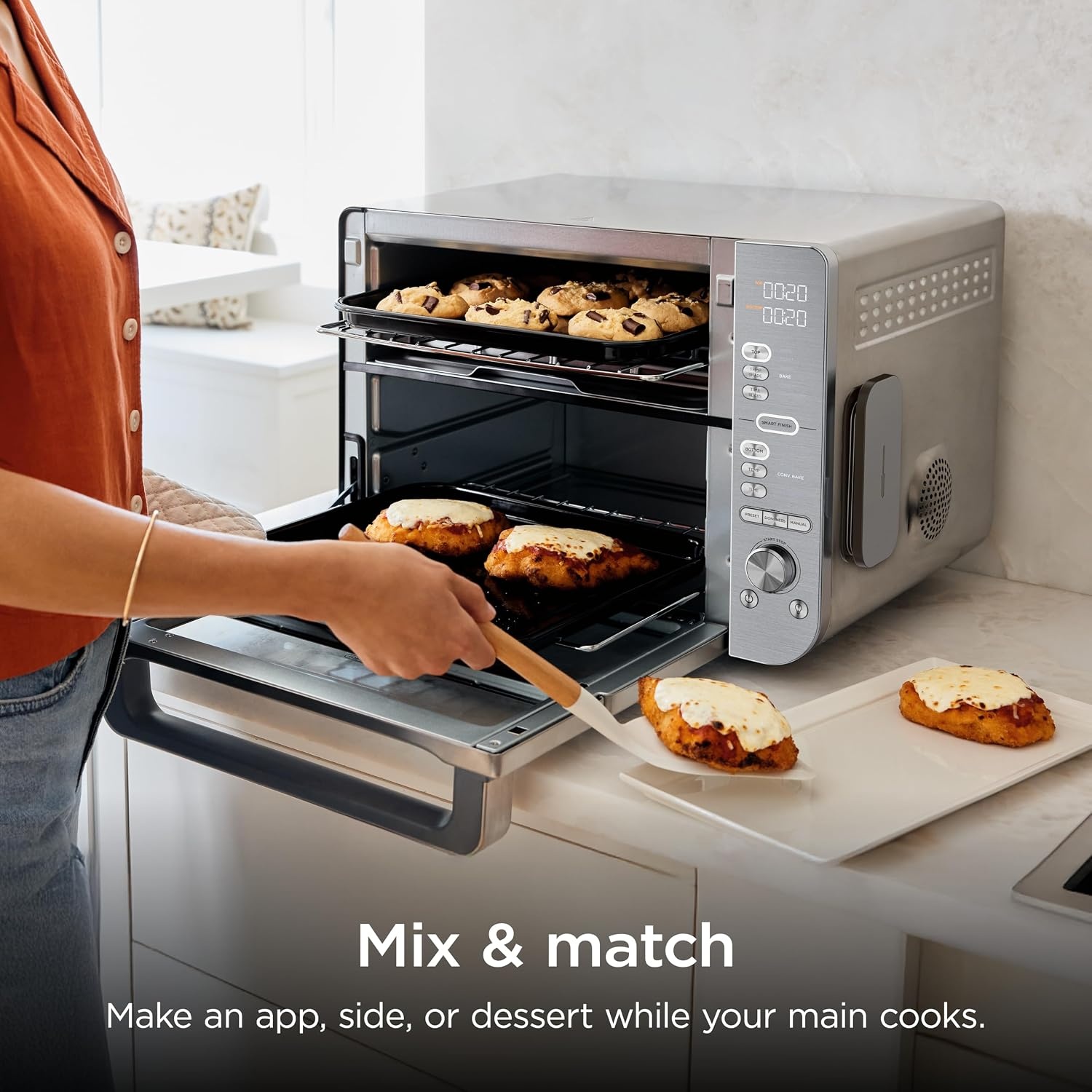 image:imageNinja DCT451 12in1 Smart Double Oven with FlexDoor Thermometer FlavorSeal Smart Finish Rapid Top Convection and Air Fry Bottom Stainless Steel Smart Cook thermometer FlavorSeal Smart Finish Air fry bake broil roast pizza12in1 Prestige