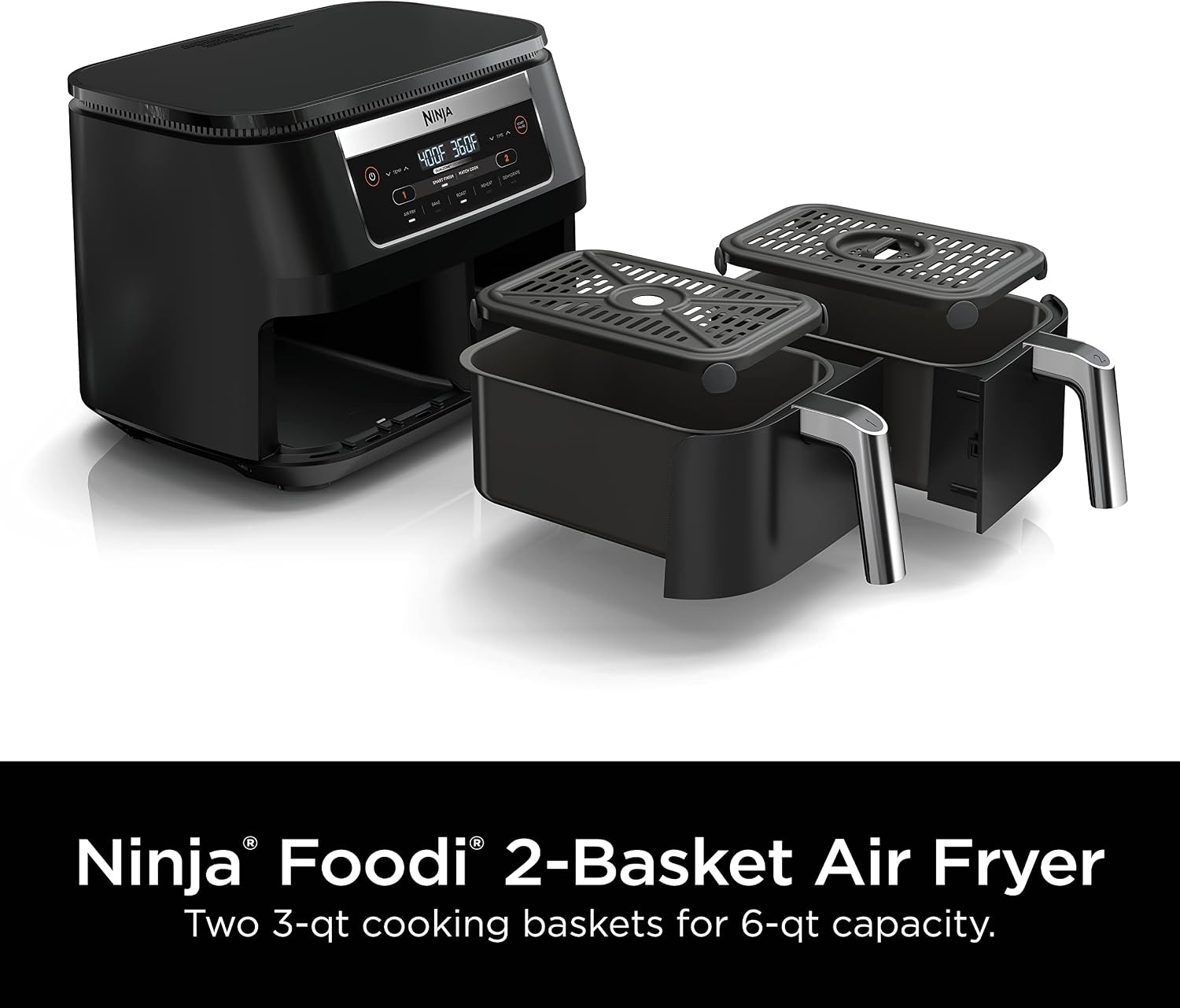 image:imageNinja DZ090 Foodi 6 Quart 5in1 DualZone 2Basket Air Fryer with 2 Independent Frying Baskets Match Cook amp Smart Finish to Roast Bake Dehydrate amp More for Quick Snacks amp Small Meals BlackBlack