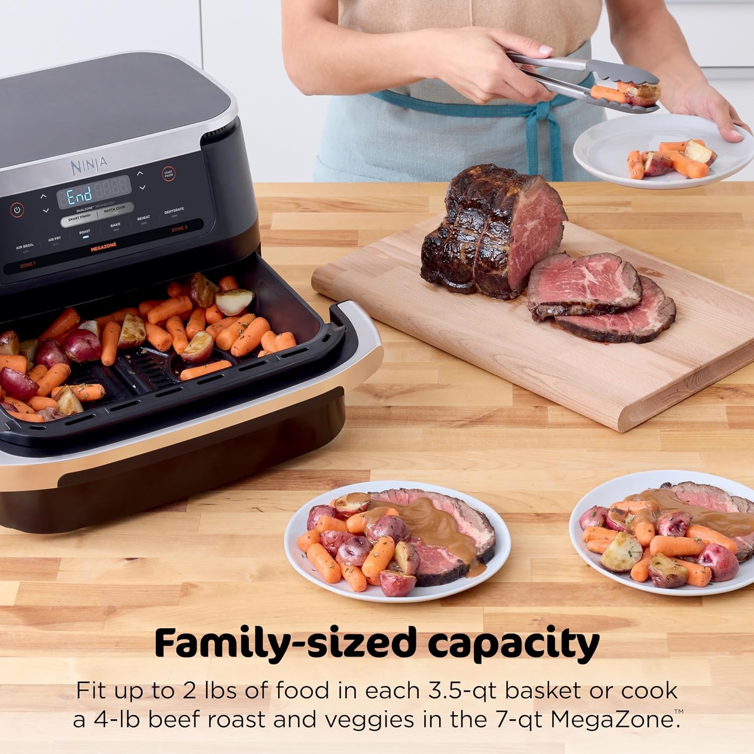 image:imageNinja DZ550 Foodi 10 Quart 6in1 DualZone Smart XL Air Fryer with 2 Independent Baskets Cook Thermometer for Perfect Doneness Match and Finish to Roast Dehydrate and More Black Air fry roast broil bake reheat dehydrate Smart Cook thermometer Match Cook Smart Finish7QT MegaZone