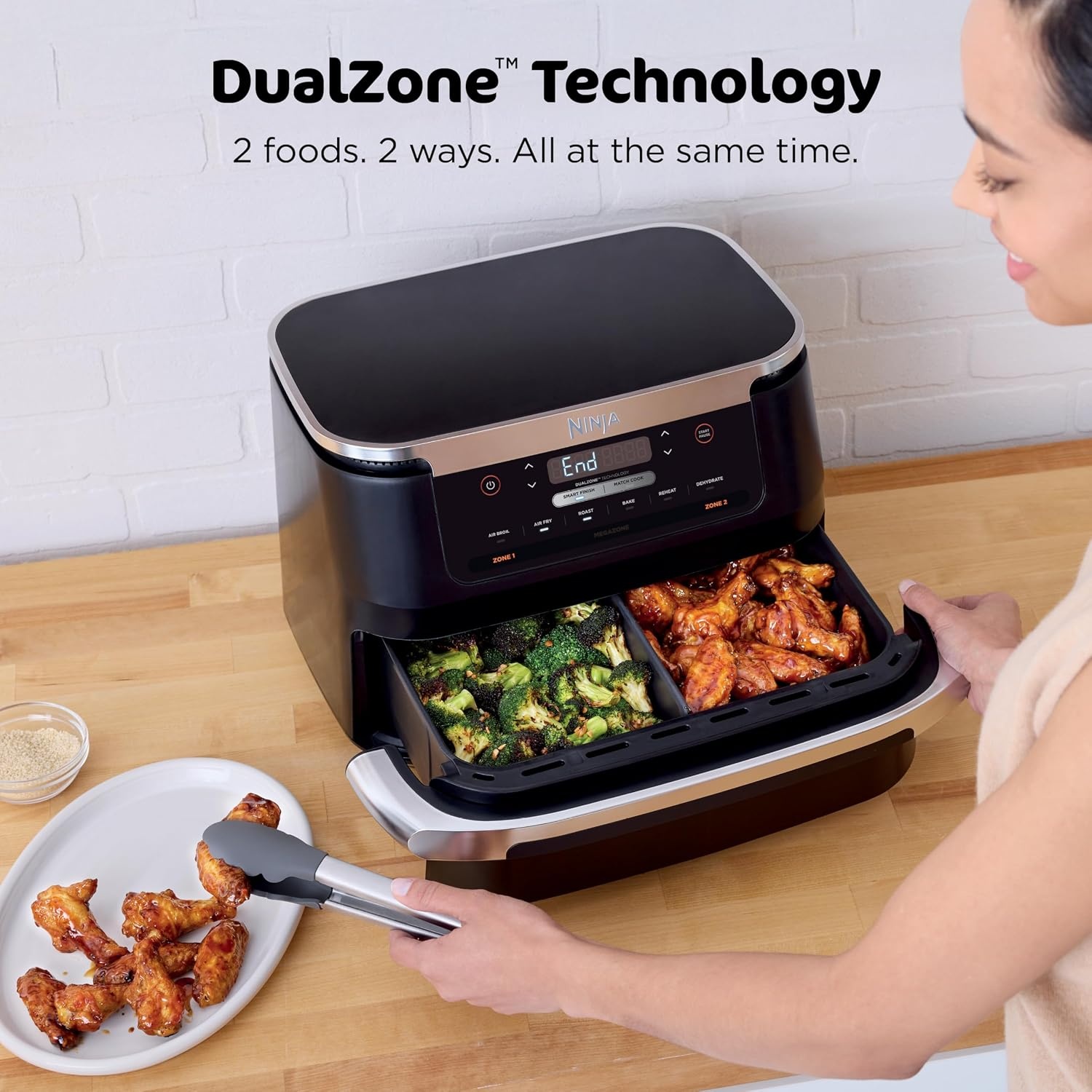 image:imageNinja DZ550 Foodi 10 Quart 6in1 DualZone Smart XL Air Fryer with 2 Independent Baskets Cook Thermometer for Perfect Doneness Match and Finish to Roast Dehydrate and More Black Air fry roast broil bake reheat dehydrate Smart Cook thermometer Match Cook Smart Finish7QT MegaZone