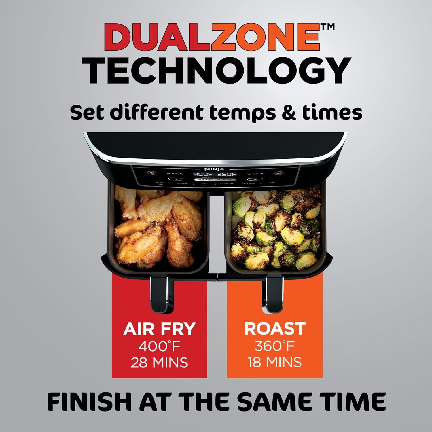 image:imageNinja DZ550 Foodi 10 Quart 6in1 DualZone Smart XL Air Fryer with 2 Independent Baskets Cook Thermometer for Perfect Doneness Match and Finish to Roast Dehydrate and More Black Air fry roast broil bake reheat dehydrate Smart Cook thermometer Match Cook Smart Finish10QT DualZone Black