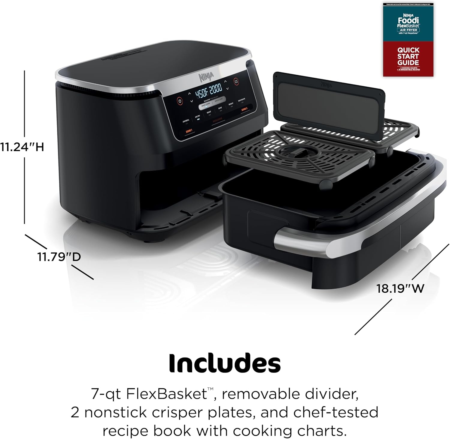 image:imageNinja DZ550 Foodi 10 Quart 6in1 DualZone Smart XL Air Fryer with 2 Independent Baskets Cook Thermometer for Perfect Doneness Match and Finish to Roast Dehydrate and More Black Air fry roast broil bake reheat dehydrate Smart Cook thermometer Match Cook Smart Finish7QT MegaZone