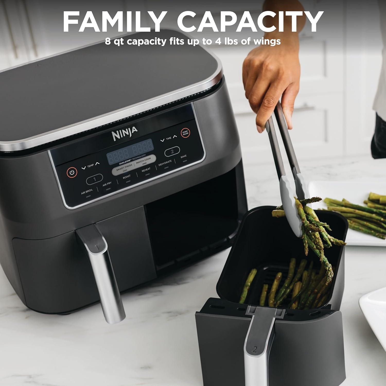 image:imageNinja DZ550 Foodi 10 Quart 6in1 DualZone Smart XL Air Fryer with 2 Independent Baskets Cook Thermometer for Perfect Doneness Match and Finish to Roast Dehydrate and More Black Air fry roast broil bake reheat dehydrate Smart Cook thermometer Match Cook Smart Finish8QT DualZone