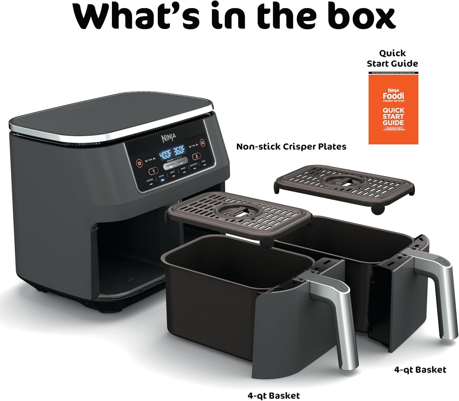 image:imageNinja DZ550 Foodi 10 Quart 6in1 DualZone Smart XL Air Fryer with 2 Independent Baskets Cook Thermometer for Perfect Doneness Match and Finish to Roast Dehydrate and More Black Air fry roast broil bake reheat dehydrate Smart Cook thermometer Match Cook Smart Finish8QT DualZone