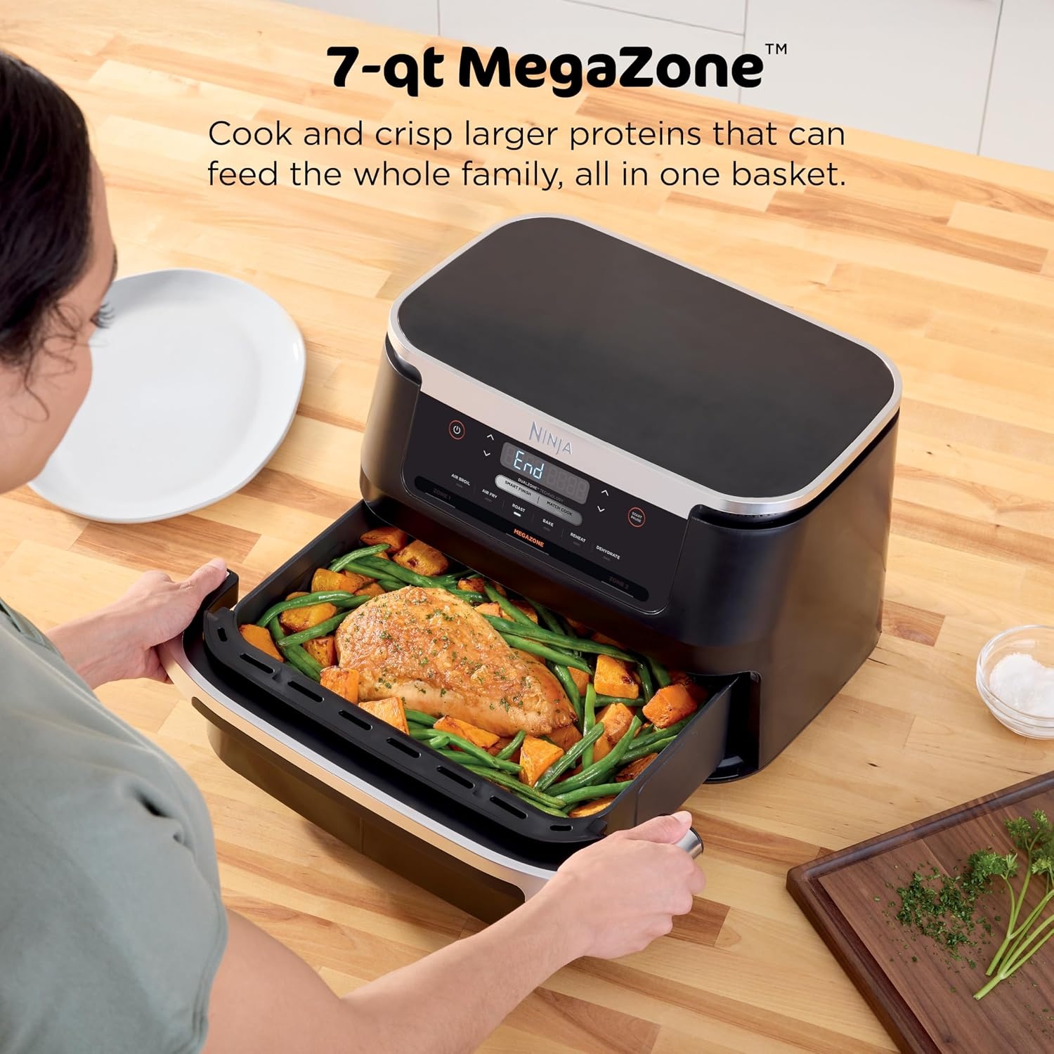 image:imageNinja DZ550 Foodi 10 Quart 6in1 DualZone Smart XL Air Fryer with 2 Independent Baskets Cook Thermometer for Perfect Doneness Match and Finish to Roast Dehydrate and More Black Air fry roast broil bake reheat dehydrate Smart Cook thermometer Match Cook Smart Finish7QT MegaZone