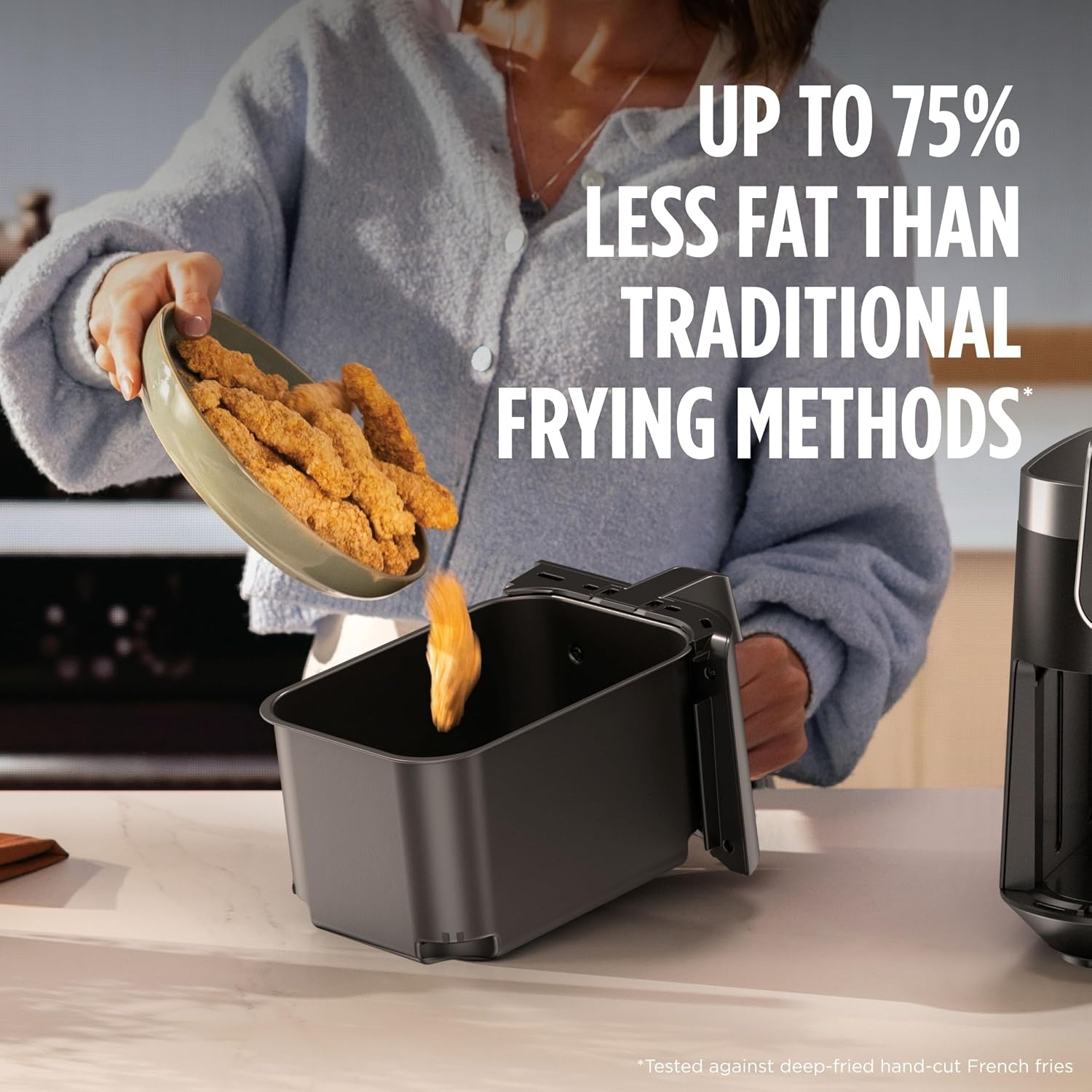 image:imageNinja DZ550 Foodi 10 Quart 6in1 DualZone Smart XL Air Fryer with 2 Independent Baskets Cook Thermometer for Perfect Doneness Match and Finish to Roast Dehydrate and More Black Air fry roast broil bake reheat dehydrate Smart Cook thermometer Match Cook Smart Finish8QT DualZone 2026 Release