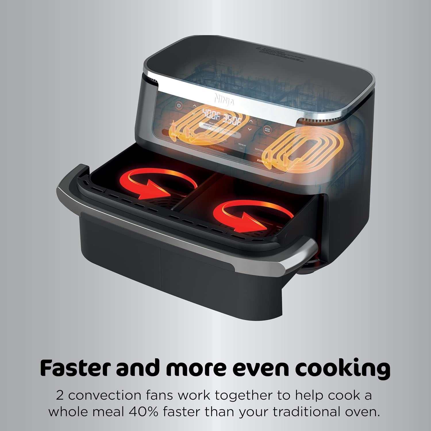 image:imageNinja DZ550 Foodi 10 Quart 6in1 DualZone Smart XL Air Fryer with 2 Independent Baskets Cook Thermometer for Perfect Doneness Match and Finish to Roast Dehydrate and More Black Air fry roast broil bake reheat dehydrate Smart Cook thermometer Match Cook Smart Finish7QT MegaZone