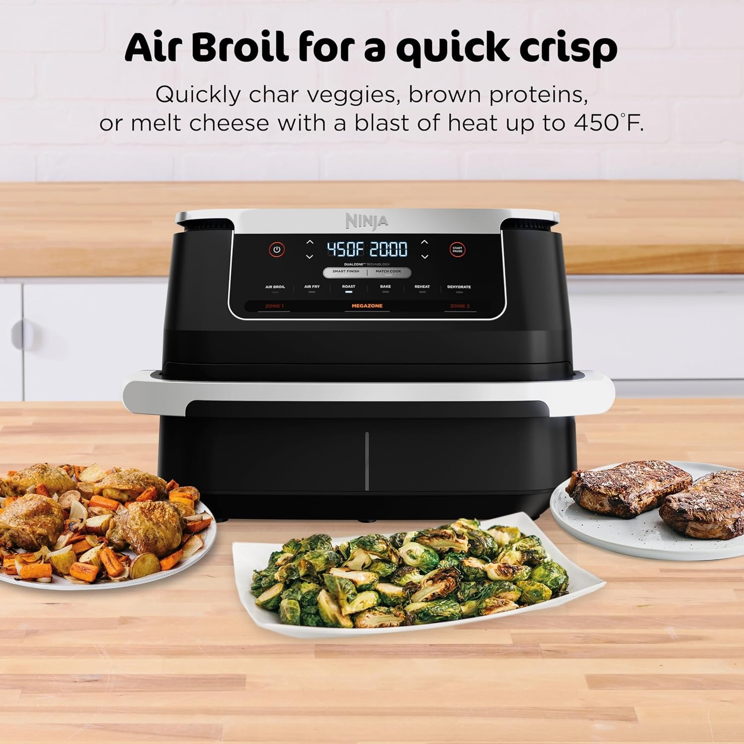 image:imageNinja DZ550 Foodi 10 Quart 6in1 DualZone Smart XL Air Fryer with 2 Independent Baskets Cook Thermometer for Perfect Doneness Match and Finish to Roast Dehydrate and More Black Air fry roast broil bake reheat dehydrate Smart Cook thermometer Match Cook Smart Finish7QT MegaZone
