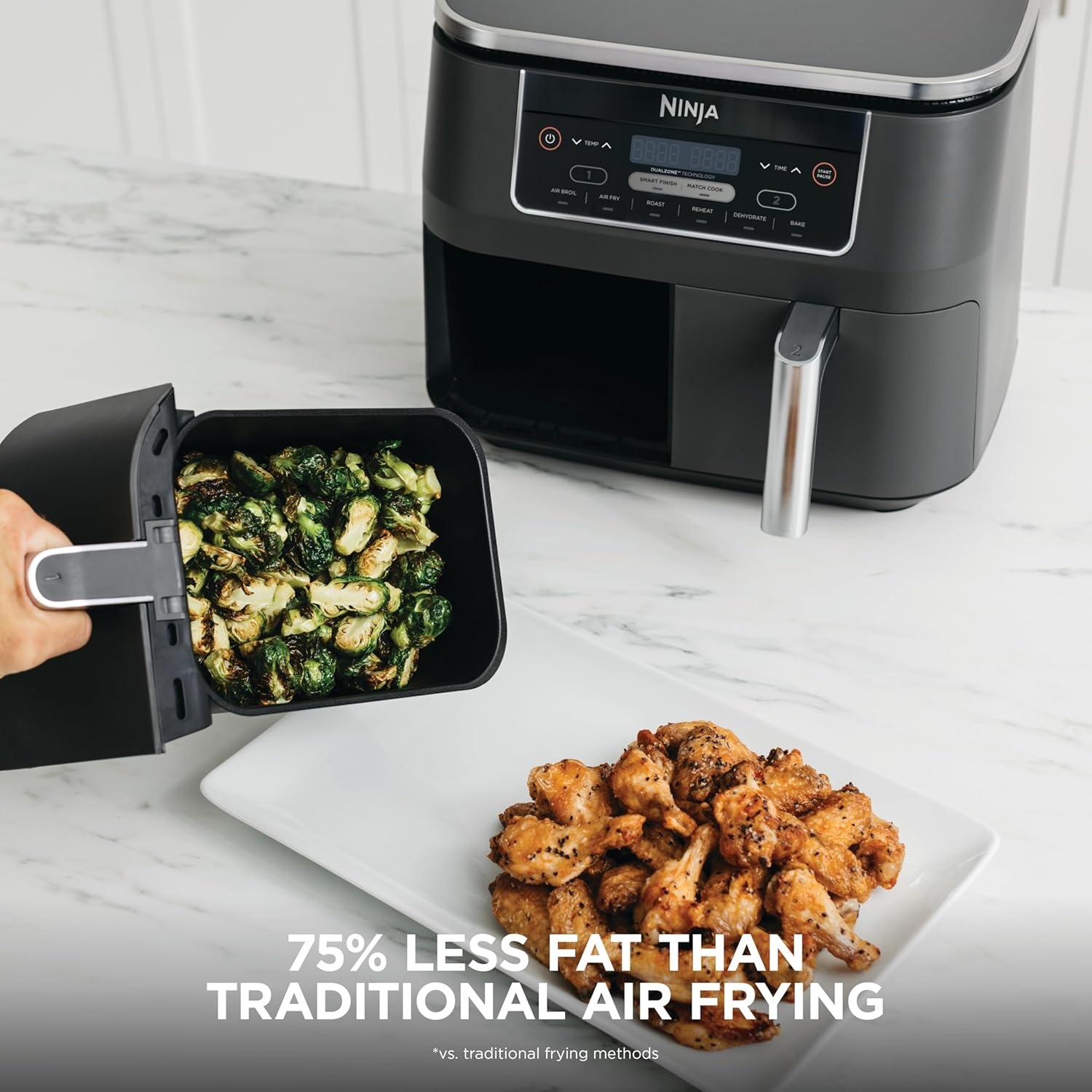 image:imageNinja DZ550 Foodi 10 Quart 6in1 DualZone Smart XL Air Fryer with 2 Independent Baskets Cook Thermometer for Perfect Doneness Match and Finish to Roast Dehydrate and More Black Air fry roast broil bake reheat dehydrate Smart Cook thermometer Match Cook Smart Finish8QT DualZone