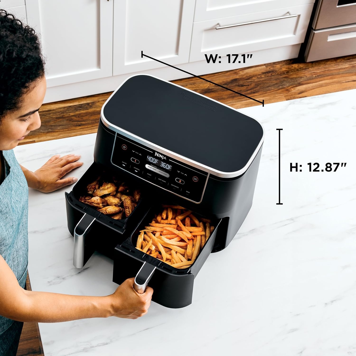 image:imageNinja DZ550 Foodi 10 Quart 6in1 DualZone Smart XL Air Fryer with 2 Independent Baskets Cook Thermometer for Perfect Doneness Match and Finish to Roast Dehydrate and More Black Air fry roast broil bake reheat dehydrate Smart Cook thermometer Match Cook Smart Finish10QT DualZone Black