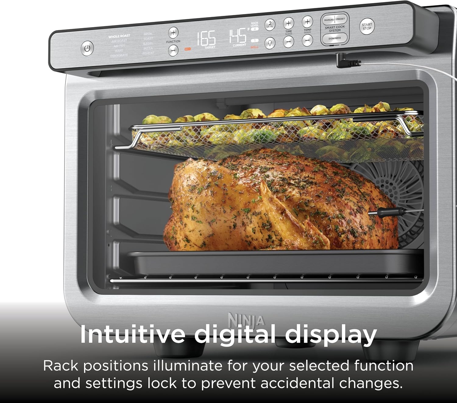 image:imageNinja Double Oven 12in1 FlexDoor Stainless Steel DCT401 FlavorSeal Smart Finish Air fry bake broil roast toast pizza fits 6 lbs wings10in1 Prestige