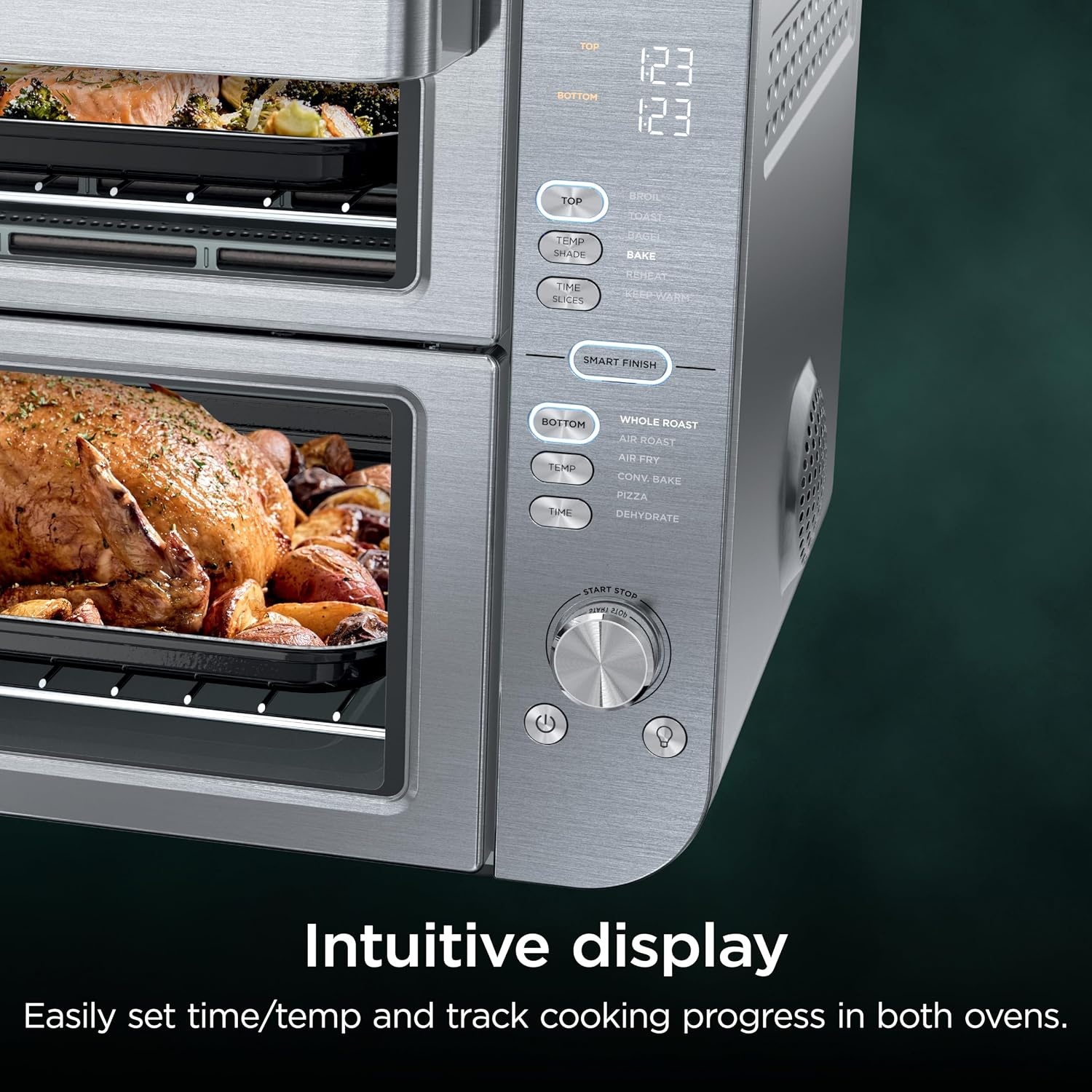 image:imageNinja Double Oven 12in1 FlexDoor Stainless Steel DCT401 FlavorSeal Smart Finish Air fry bake broil roast toast pizza fits 6 lbs wings12in1 XL Prestige