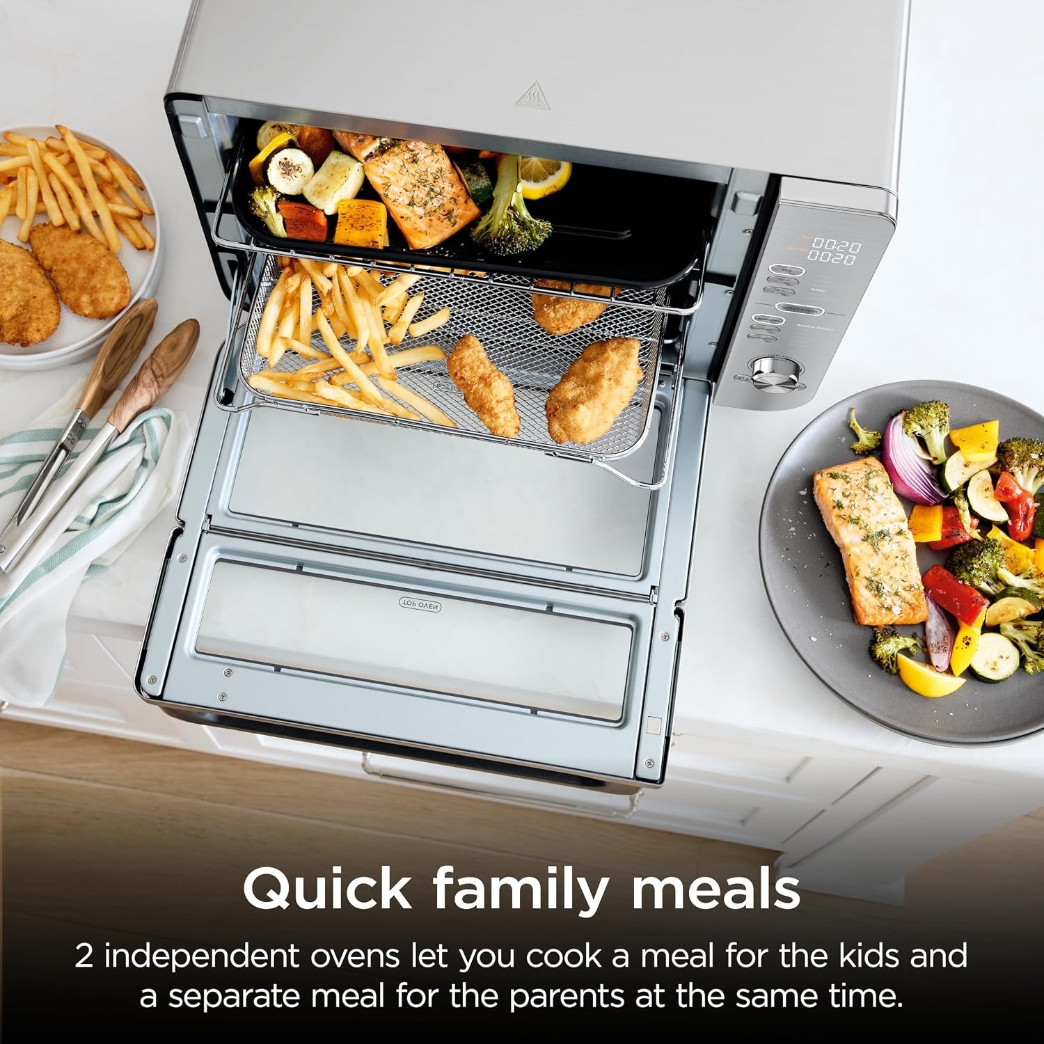image:imageNinja Double Oven 12in1 FlexDoor Stainless Steel DCT401 FlavorSeal Smart Finish Air fry bake broil roast toast pizza fits 6 lbs wings12in1 XL Prestige