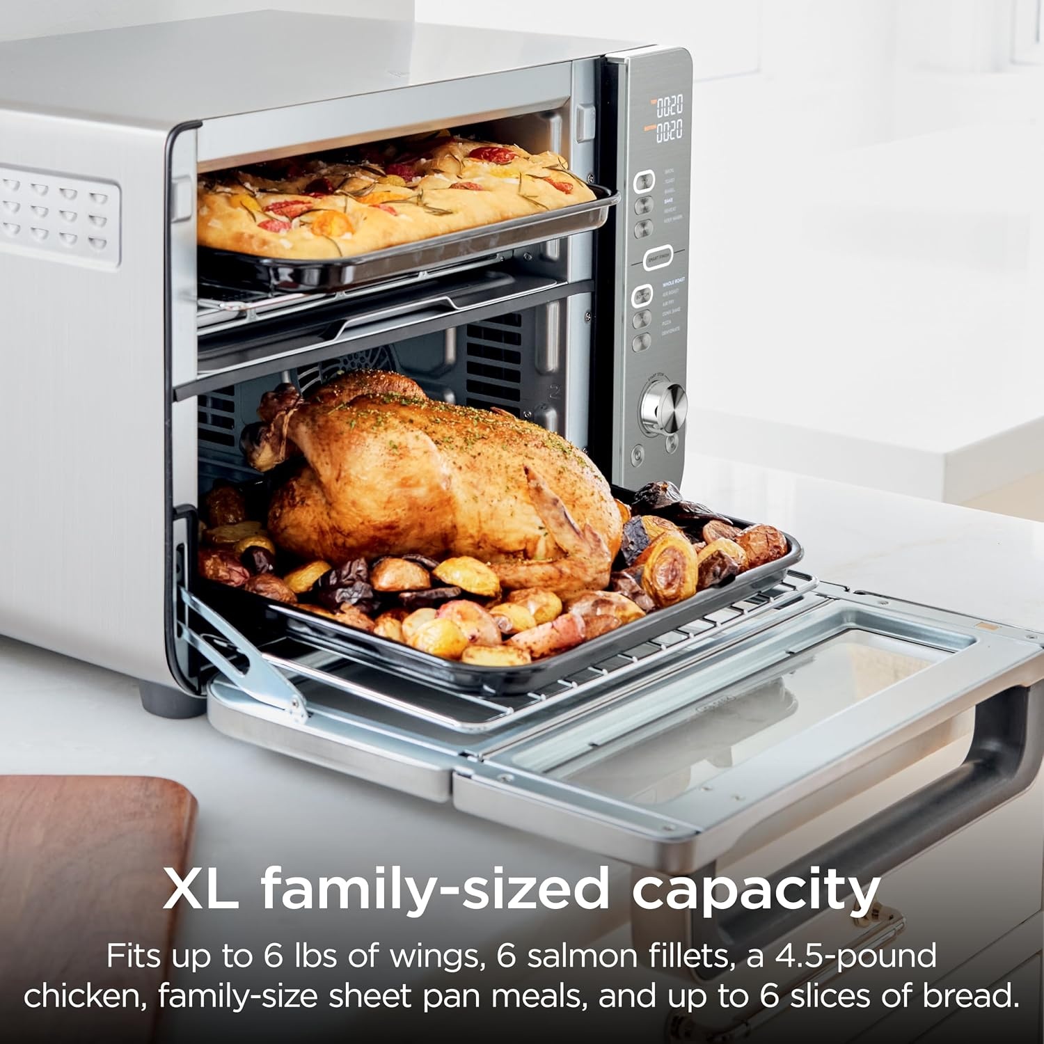 image:imageNinja Double Oven 12in1 FlexDoor Stainless Steel DCT401 FlavorSeal Smart Finish Air fry bake broil roast toast pizza fits 6 lbs wings12in1 XL Prestige