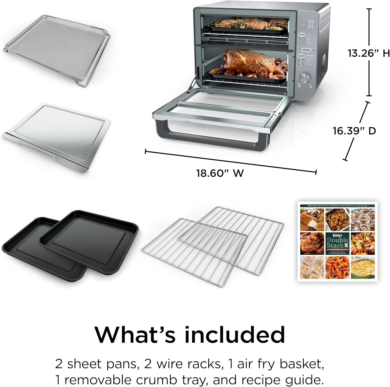 image:imageNinja Double Oven 12in1 FlexDoor Stainless Steel DCT401 FlavorSeal Smart Finish Air fry bake broil roast toast pizza fits 6 lbs wings12in1 XL Prestige