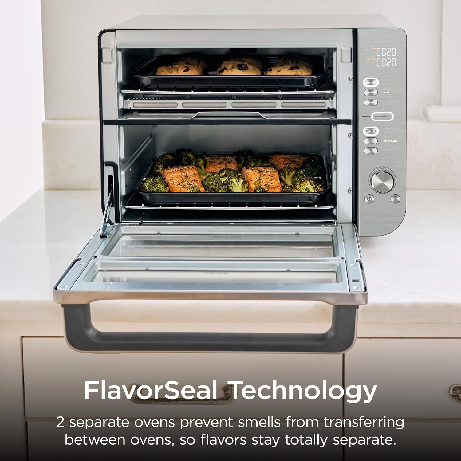 image:imageNinja Double Oven 12in1 FlexDoor Stainless Steel DCT401 FlavorSeal Smart Finish Air fry bake broil roast toast pizza fits 6 lbs wings12in1 XL Prestige