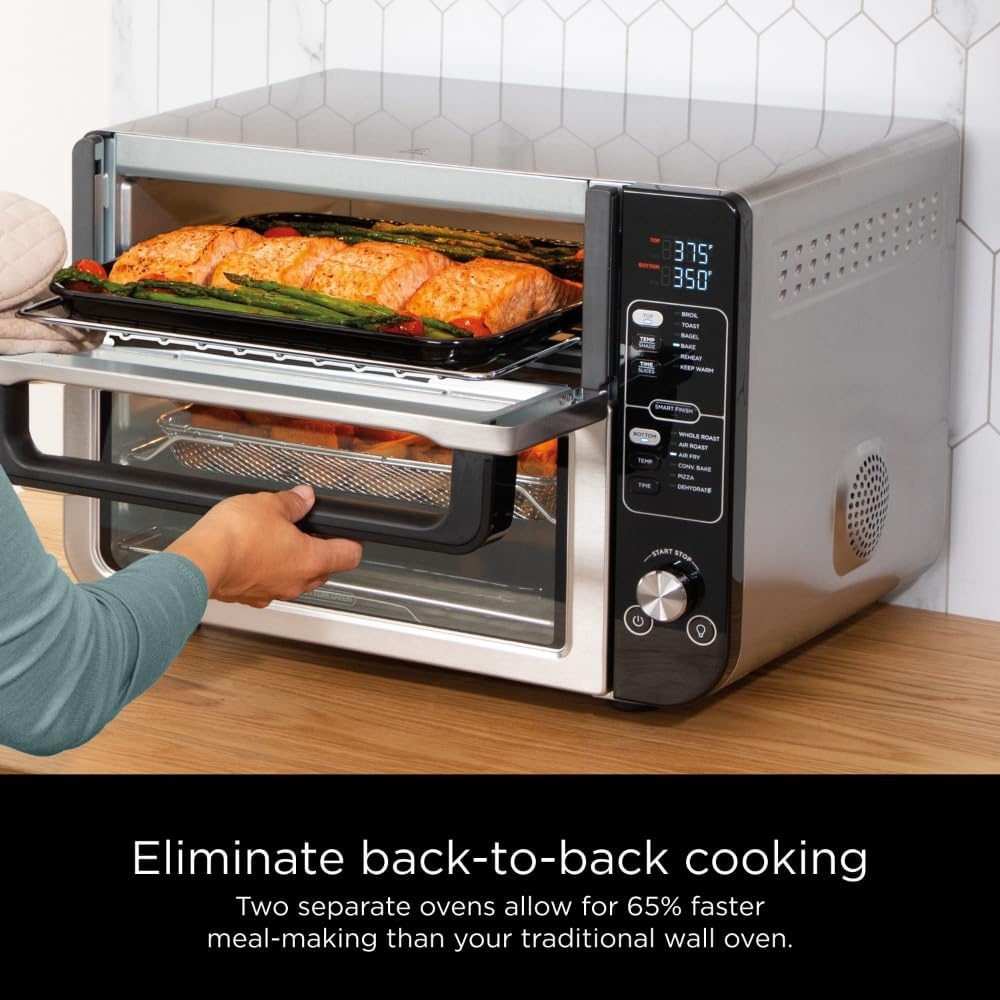 image:imageNinja Double Oven 12in1 FlexDoor Stainless Steel DCT401 FlavorSeal Smart Finish Air fry bake broil roast toast pizza fits 6 lbs wings12in1 XL w Flexdoor