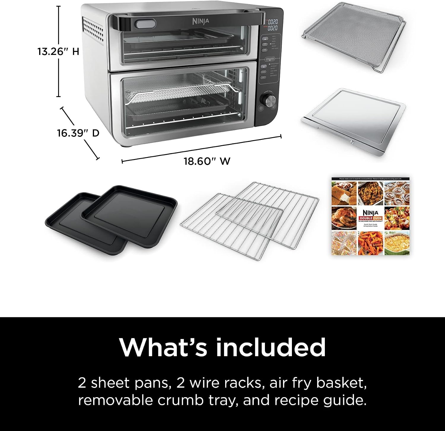 image:imageNinja Double Oven 12in1 FlexDoor Stainless Steel DCT401 FlavorSeal Smart Finish Air fry bake broil roast toast pizza fits 6 lbs wings12in1 XL w Flexdoor