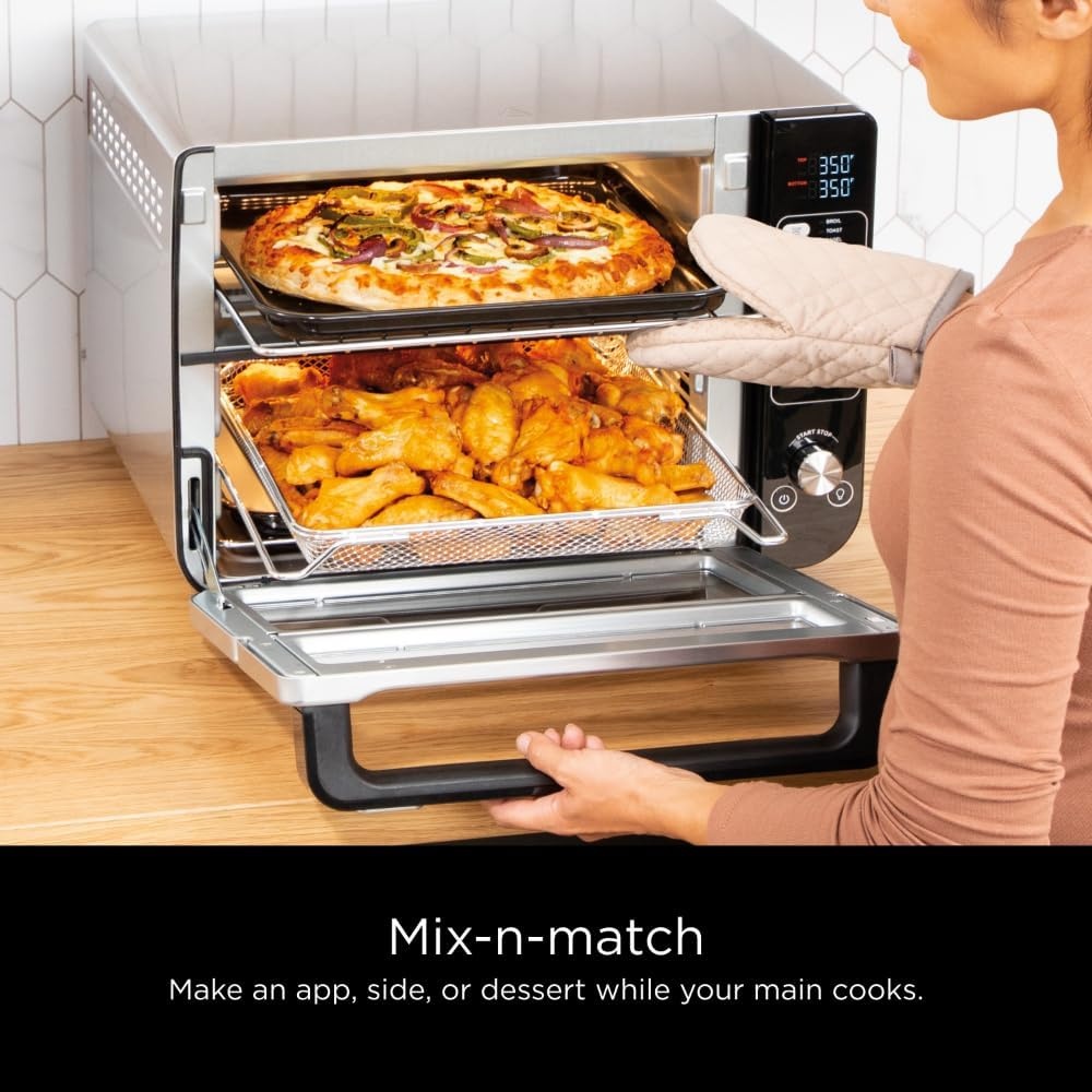 image:imageNinja Double Oven 12in1 FlexDoor Stainless Steel DCT401 FlavorSeal Smart Finish Air fry bake broil roast toast pizza fits 6 lbs wings12in1 XL w Flexdoor