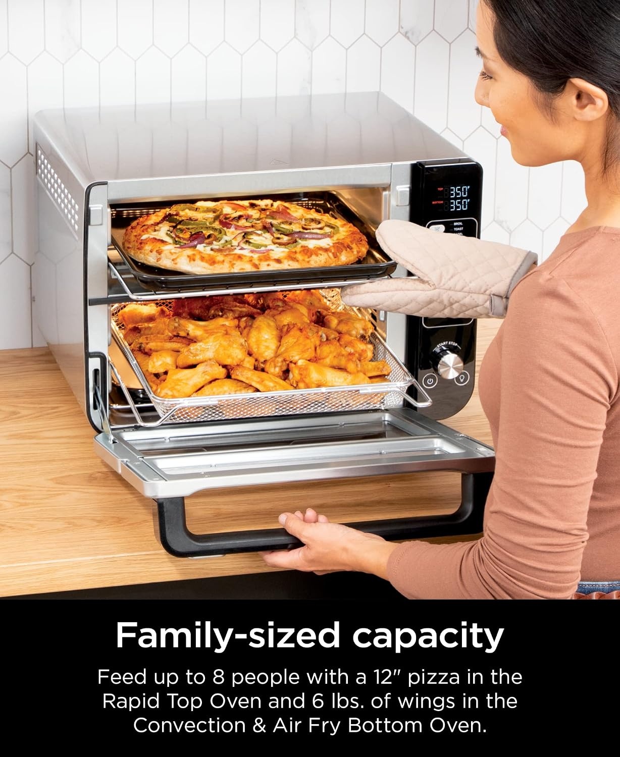 image:imageNinja Double Oven 12in1 FlexDoor Stainless Steel DCT401 FlavorSeal Smart Finish Air fry bake broil roast toast pizza fits 6 lbs wings12in1 XL w Flexdoor