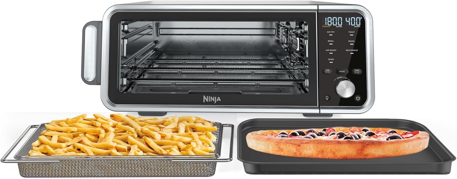 image:imageNinja Double Oven 12in1 FlexDoor Stainless Steel DCT401 FlavorSeal Smart Finish Air fry bake broil roast toast pizza fits 6 lbs wings8in1 Flip Oven