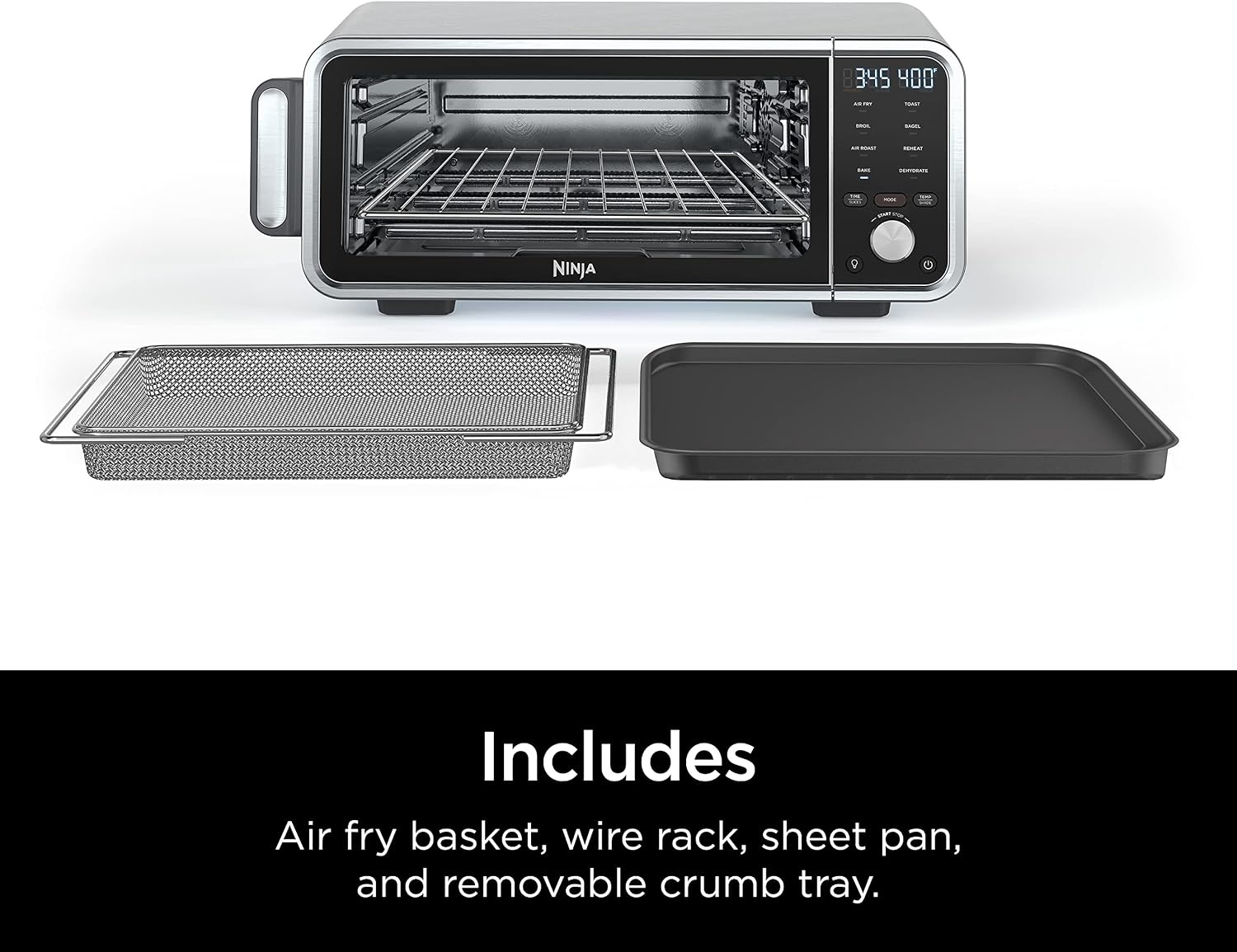 image:imageNinja Double Oven 12in1 FlexDoor Stainless Steel DCT401 FlavorSeal Smart Finish Air fry bake broil roast toast pizza fits 6 lbs wings8in1 Flip Oven