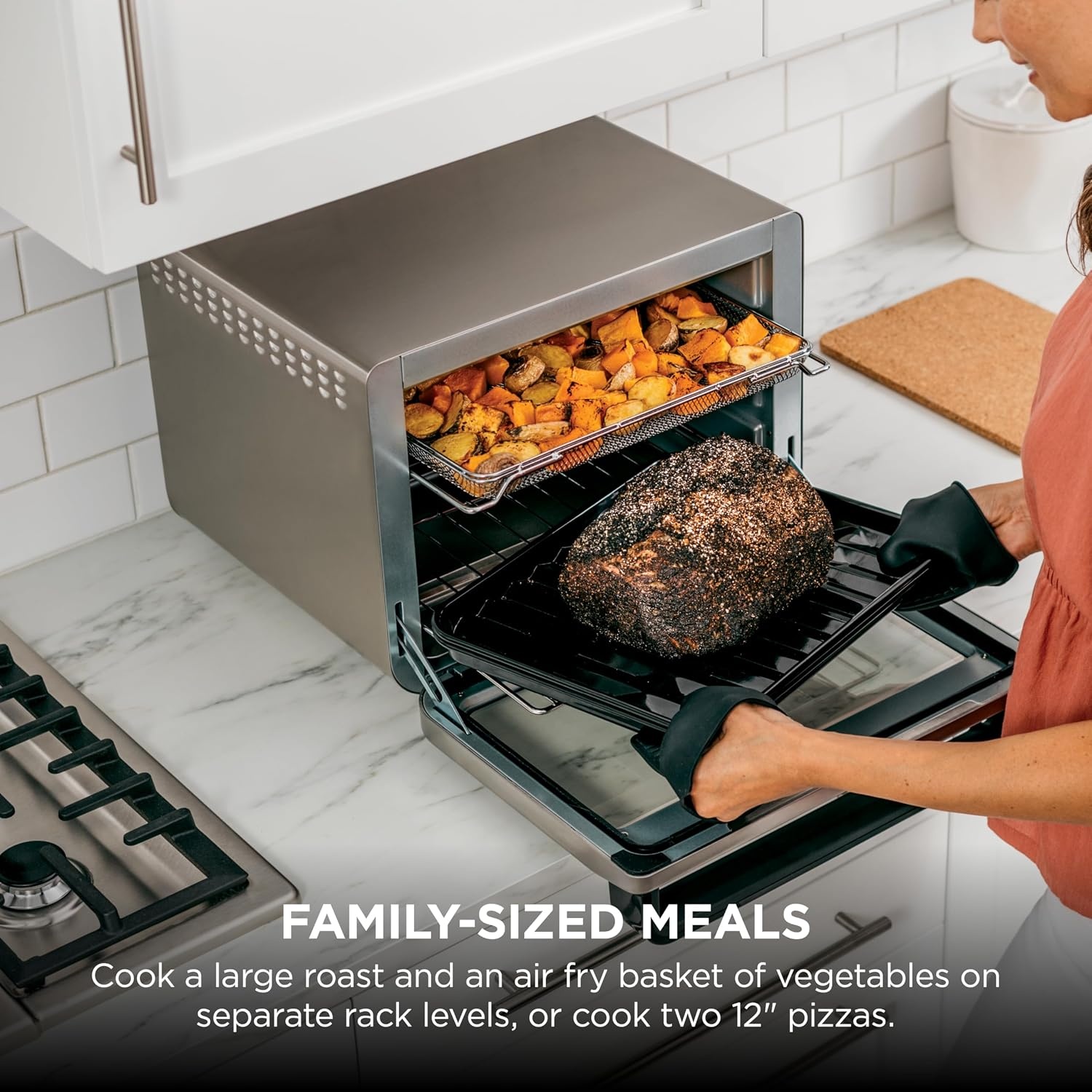 image:imageNinja Double Oven Pro Smart XL 302 Qt 12in1 Stainless Steel DCT801 DualZone Smart Finish Fits 45 lb chicken Air fry bake broil roast toast pizzaSilverPiano Black