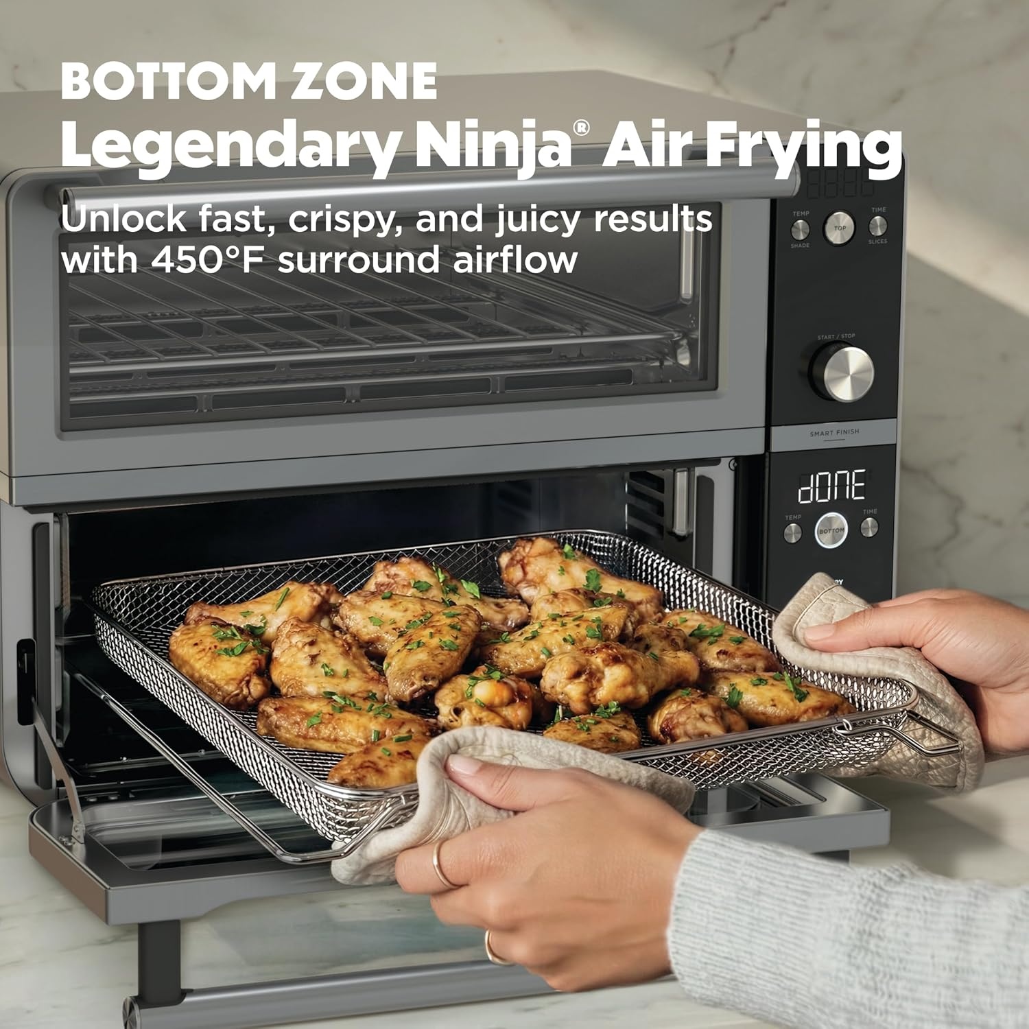 image:imageNinja Double Oven Pro Smart XL 302 Qt 12in1 Stainless Steel DCT801 DualZone Smart Finish Fits 45 lb chicken Air fry bake broil roast toast pizzaSilverBlack