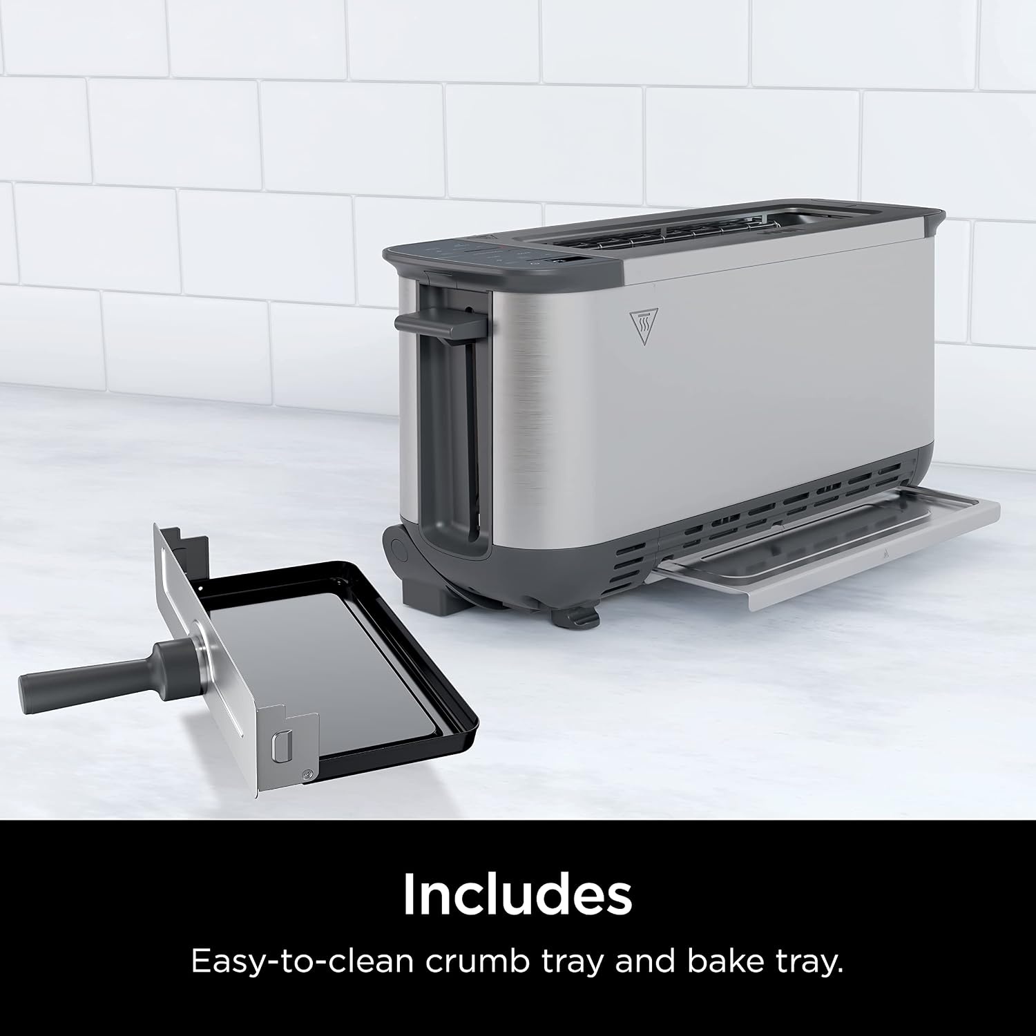 image:imageNinja Foodi Flip Toaster 2in1 2Slice Stainless Steel ST101 Toast bagel defrost bake broil reheat 1500W 7 shade settings Dishwashersafe crumb tray4 Functions