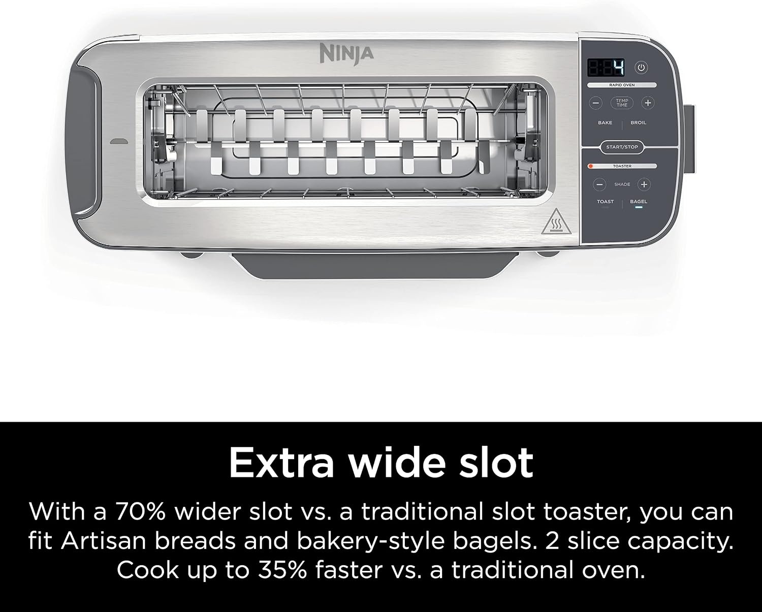 image:imageNinja Foodi Flip Toaster 2in1 2Slice Stainless Steel ST101 Toast bagel defrost bake broil reheat 1500W 7 shade settings Dishwashersafe crumb tray4 Functions