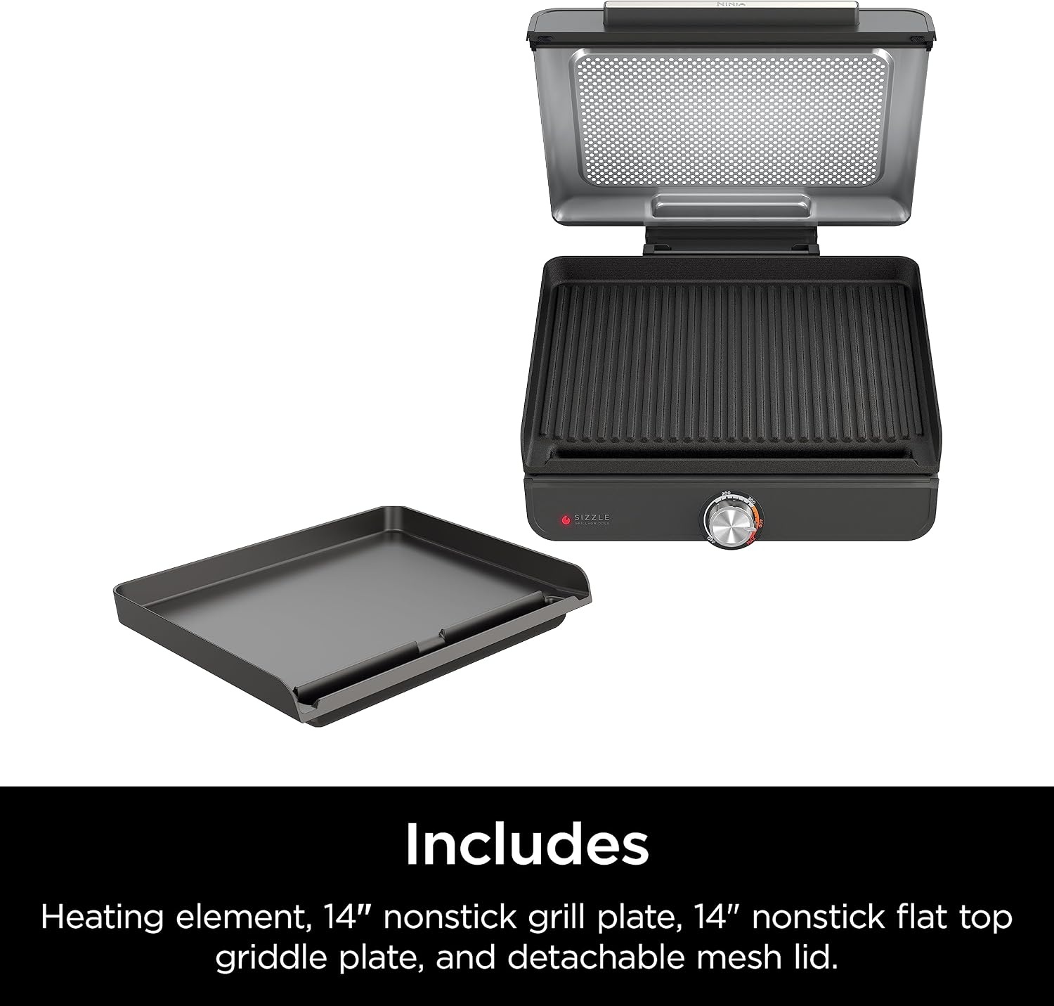 image:imageNinja GR100 Sizzle Smokeless Indoor Grill with Nonstick Grill Plate DishwasherSafe Removable Mesh Lid 500F Max Heat Even EdgetoEdge Cooking Black RenewedSizzle Indoor Grill Griddle